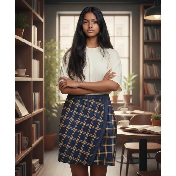 Brooks Brothers Tartan Plaid Wool Skirt Sz 10 Faux Wrap Blue Red Academia Preppy - Picture 1 of 10